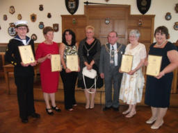 Left to right is PO Cadet Daniel Tucker, Mrs. Pat Farrar, Mrs.Susan Norman, Mayoress -(Mrs Lynwen Harries), The Mayor (Councillor Eric Harries), Mrs.Susan Kenny, Mrs. Marion Sizer